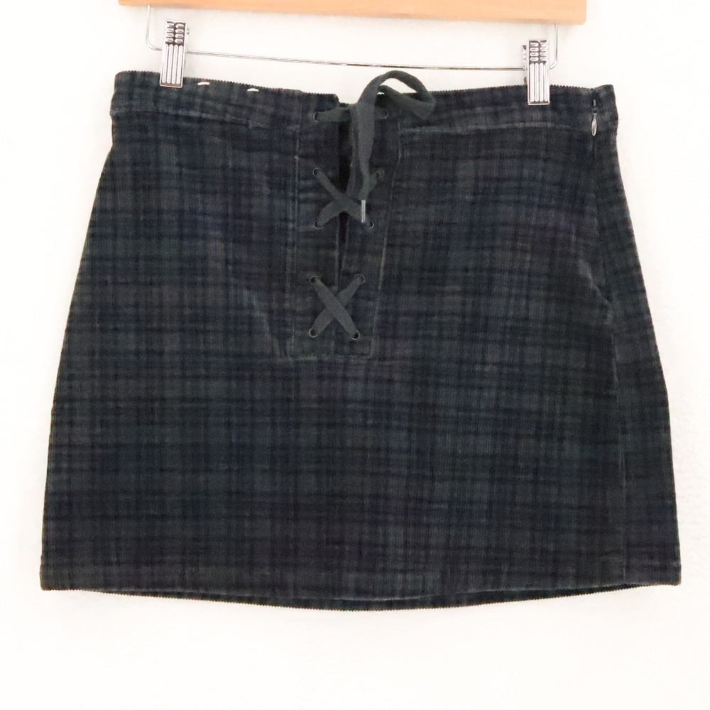 Plaid Corduroy Mini Skirt Lace Up Size 7 28 Y2K Preppy Academia Grunge Baddie
